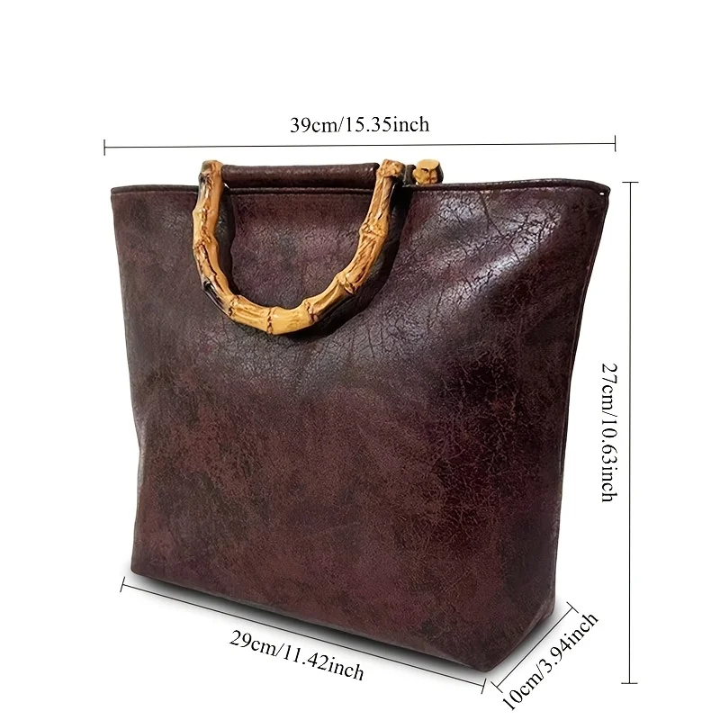 Vintage Distressed Cracked Large-Capacity Tote Bag for Women, High-Quality Faux Bamboo Handle Design, Dark Brown Vintage-Style - view 5