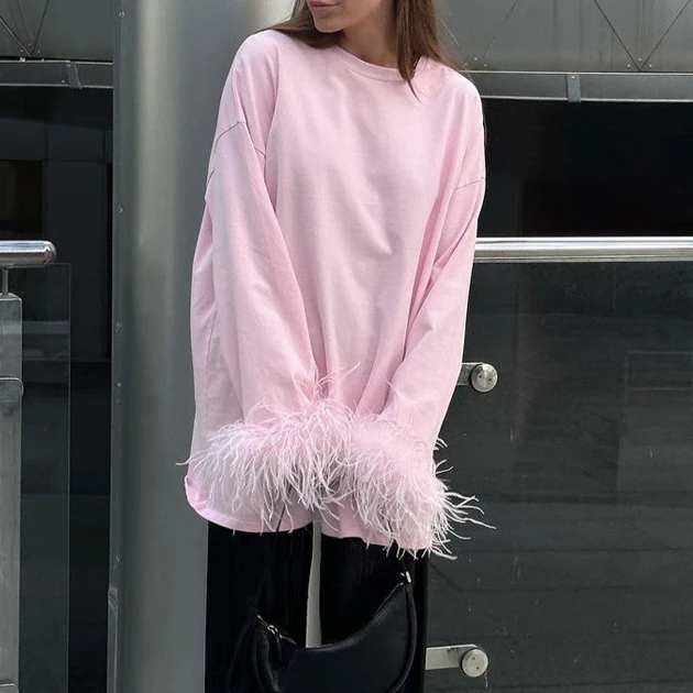 Women's 2025 Spring Solid Color Cotton Crew Neck Long Sleeve Splicing Feather T-Shirt Fashion Casual Versatile Top