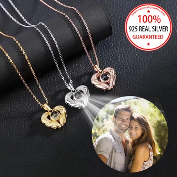 S925 은빛 사용자 정의 컬러 그림 프로젝션 목걸이 엄마 여자 친구를위한 럭셔리 지르콘 펜던트 발렌타인 생일 로맨틱 선물