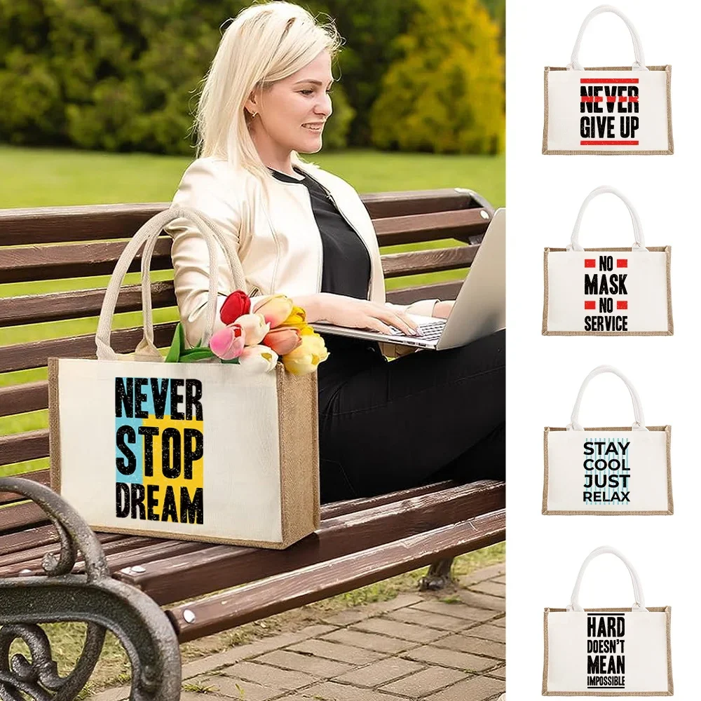 Tote Bag Shopping Bags Reusable Jute Burlap Handbags for Women Grocery Eco Female Cloth Shopper Bag Purse Word Pattern Series