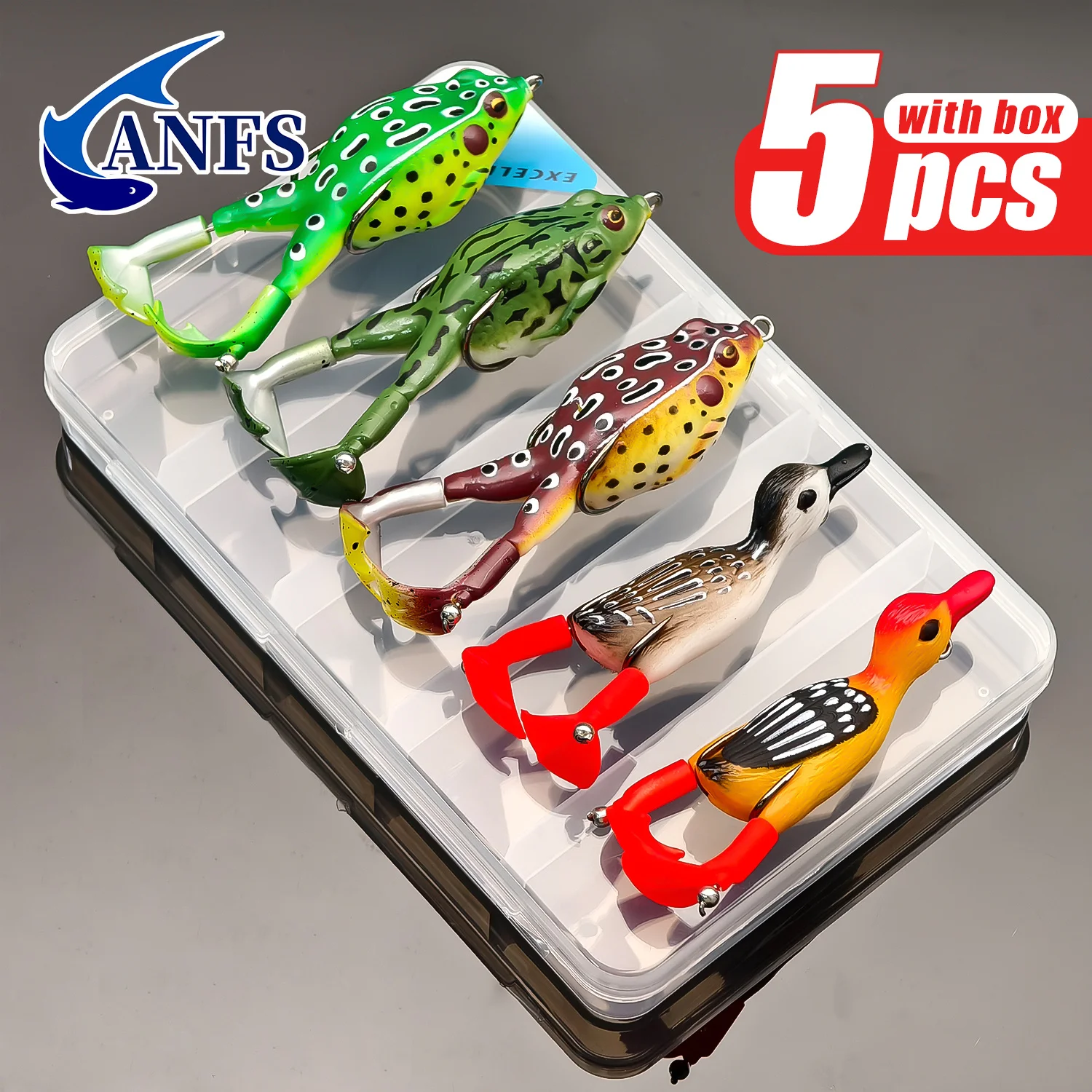 

5 шт. ANFS Soft Frog Fishing Lures Kit-2 шт. искусственные приманки для утки с 3 мягкими приманками для лягушки-5 шт. рыболовная приманка с коробкой для хранения
