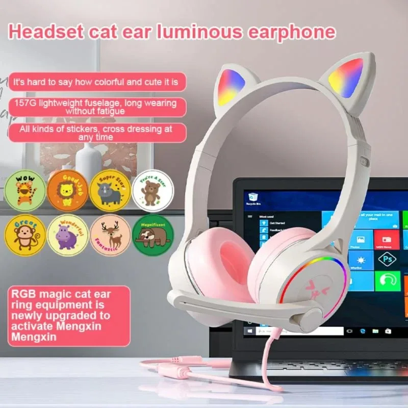 

EYOUOSY-G30 rgb light wired gaming headphones cute high fidelity microphone stickers music channel cat ear creates