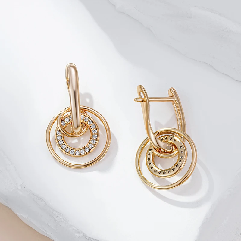 Wbmqda Elegant Circles Dangle Earrings For Women 585 Rose Gold Color Natural Zircon Setting High Quality Daily Fine Jewelry Gift