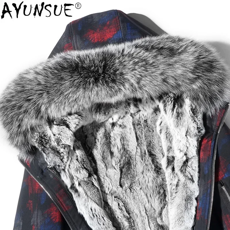 AYUNSUE Real Fur Parka Men Clothing New Autumn Winter Detachable Rex Rabbit Fur Liner Fur Coat Hooded Fur Jackets Fox Fur Collar