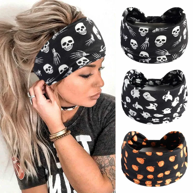 Halloween Schädel Kürbis Spinne Stirnband Vintage böhmischen Sport elastischen Stirnband geknotet Kopftuch für Frauen Haarschmuck – Detail 3