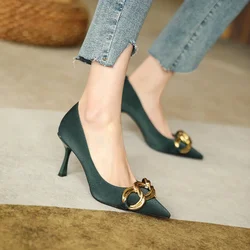 2023 Women's Spring New European and American Style Metal Chain Pointed Shallow Cut Thin High Heel Single Shoes