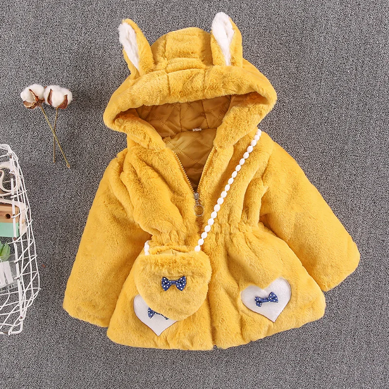 

Girls' Coat Autumn and Winter New Wool Sweater Hooded Rabbit Ear Love Bag Plush Thickened Warm Jacket for 2-6 Years