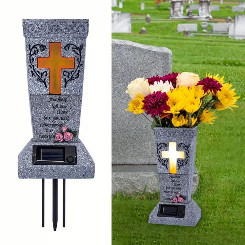 Memorial Garden Vase in Resin with Solar Illumination for Outdoor Cemetery Decor Material for Seasonal Exposure