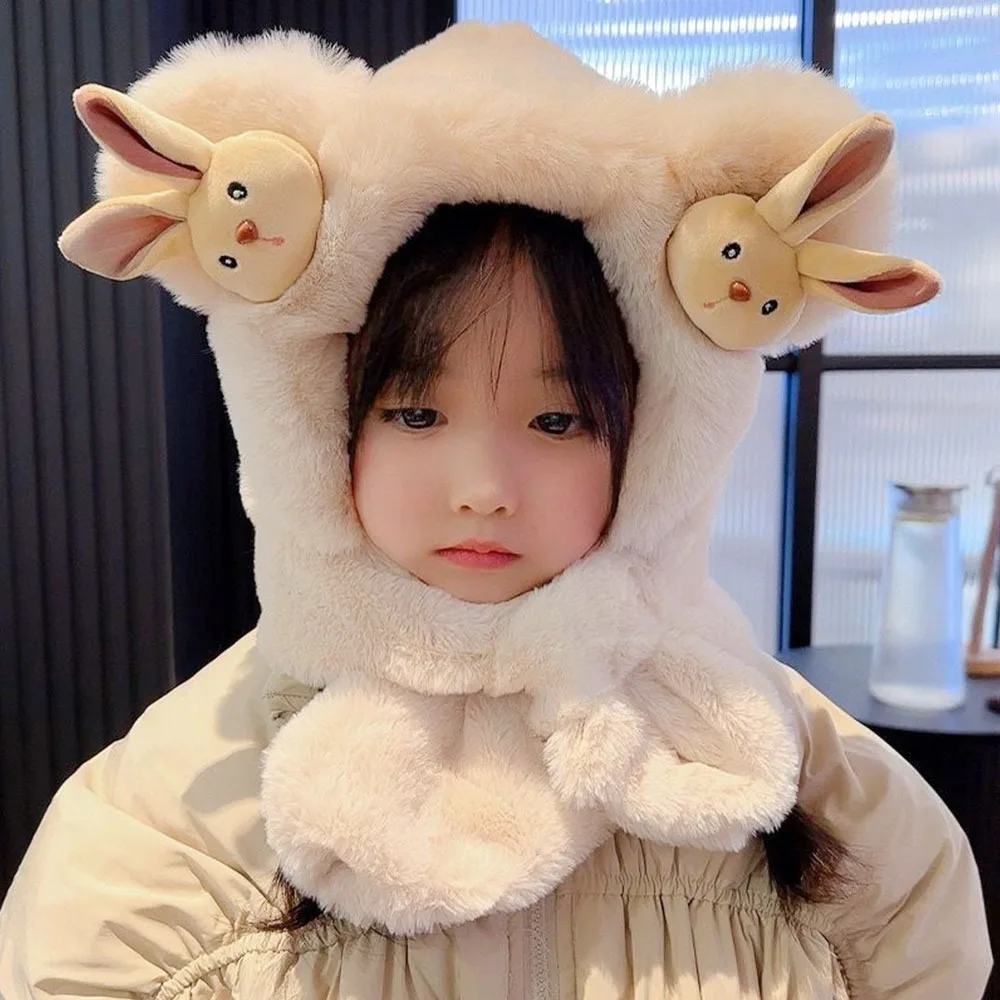 

Подарочный кавайный детский шарф, шапка, интегрированная мультяшная шапка-бини, утепленная повседневная ветрозащитная шапка для мальчиков и девочек