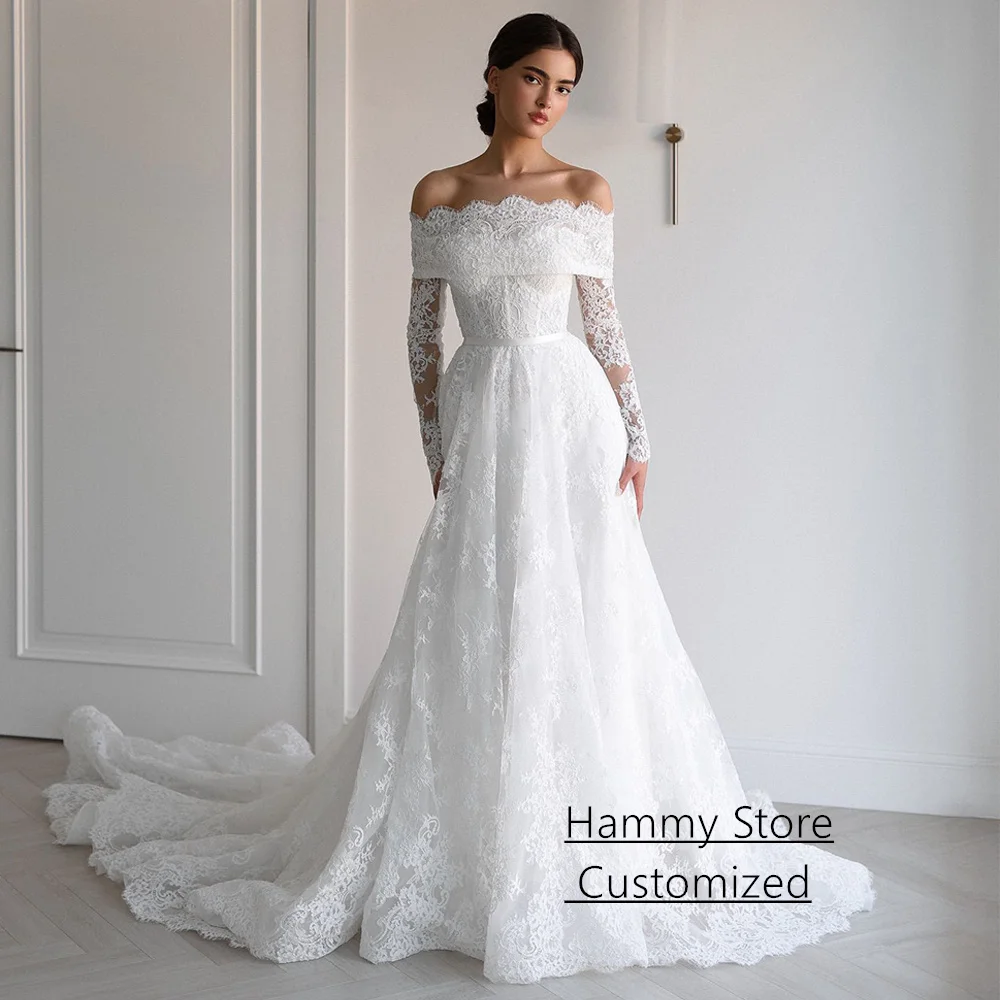 

Customized Arabia Wedding Dress Gorgeous Boat Neck Long Sleeves Back Zipper Buttons Court Train Bridal Gown Vestido De Noiva