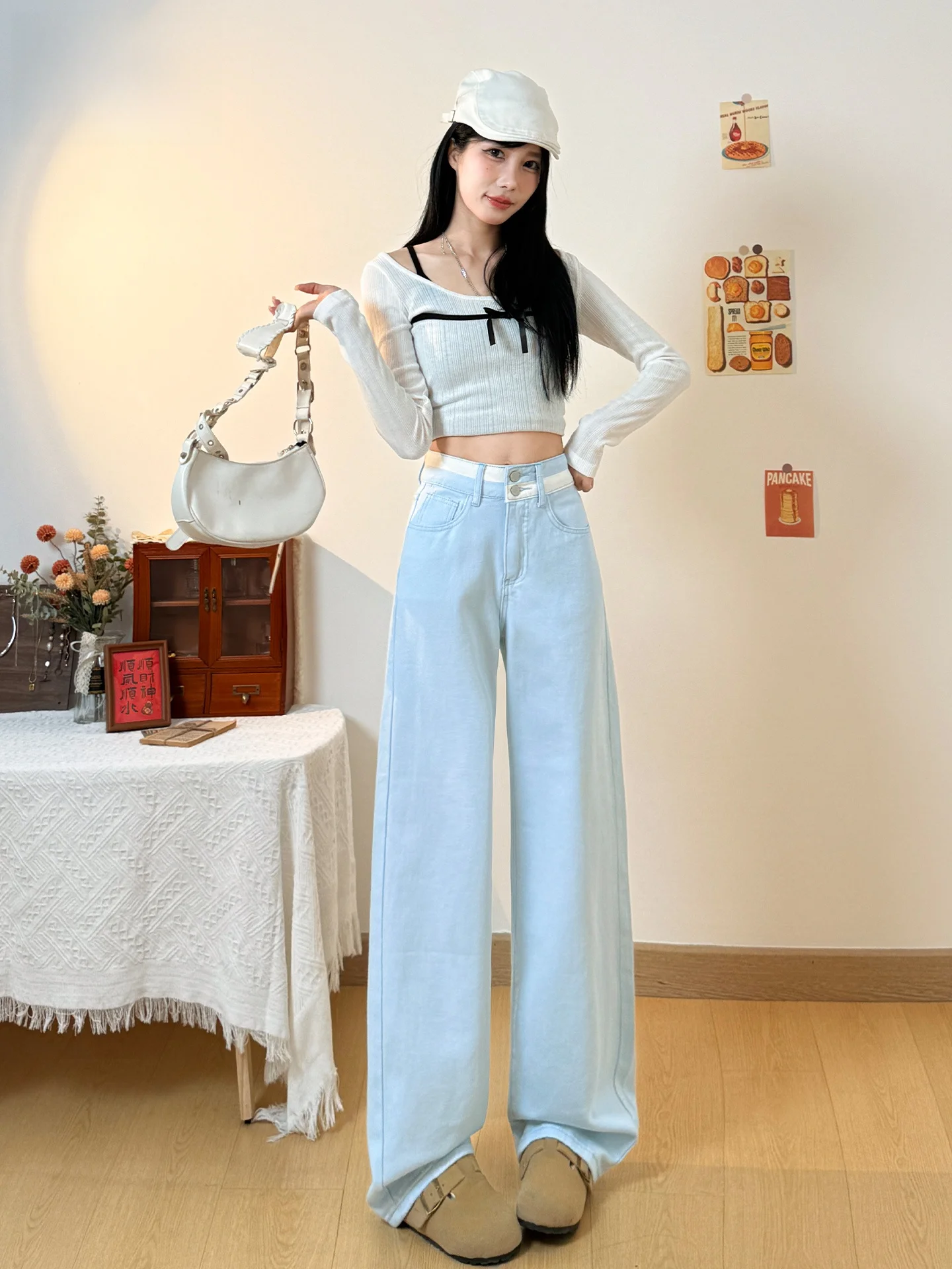 

Синие джинсы с высокой талией и широкими штанинами для женщин, летние, свободные, стройнящие, для фигуры типа «груша», прямого кроя, повседневные, в американском стиле, из денима