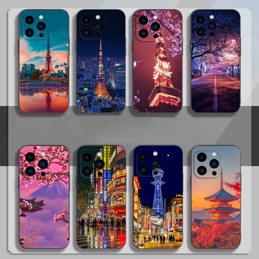 Japan Tokyo travel Phone Case for iPhone 12 11 13 14 15 16 Max Pro Plus Black Soft Silicone Cover