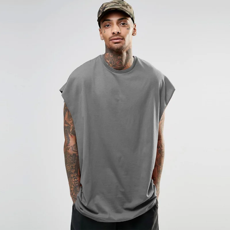 High Street Solid T-shirt Men New Casual Loose Shoulder Basketball Tank Top Hip Hop Sleeveless O-neck Sport Tops