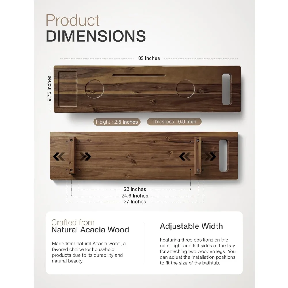صينية حوض استحمام خشبية قابلة للتعديل مع حاملات للهاتف وزجاج النبيذ - علبة سبا مقاس 39 × 9.75 بوصة لأحواض قائمة بذاتها #1