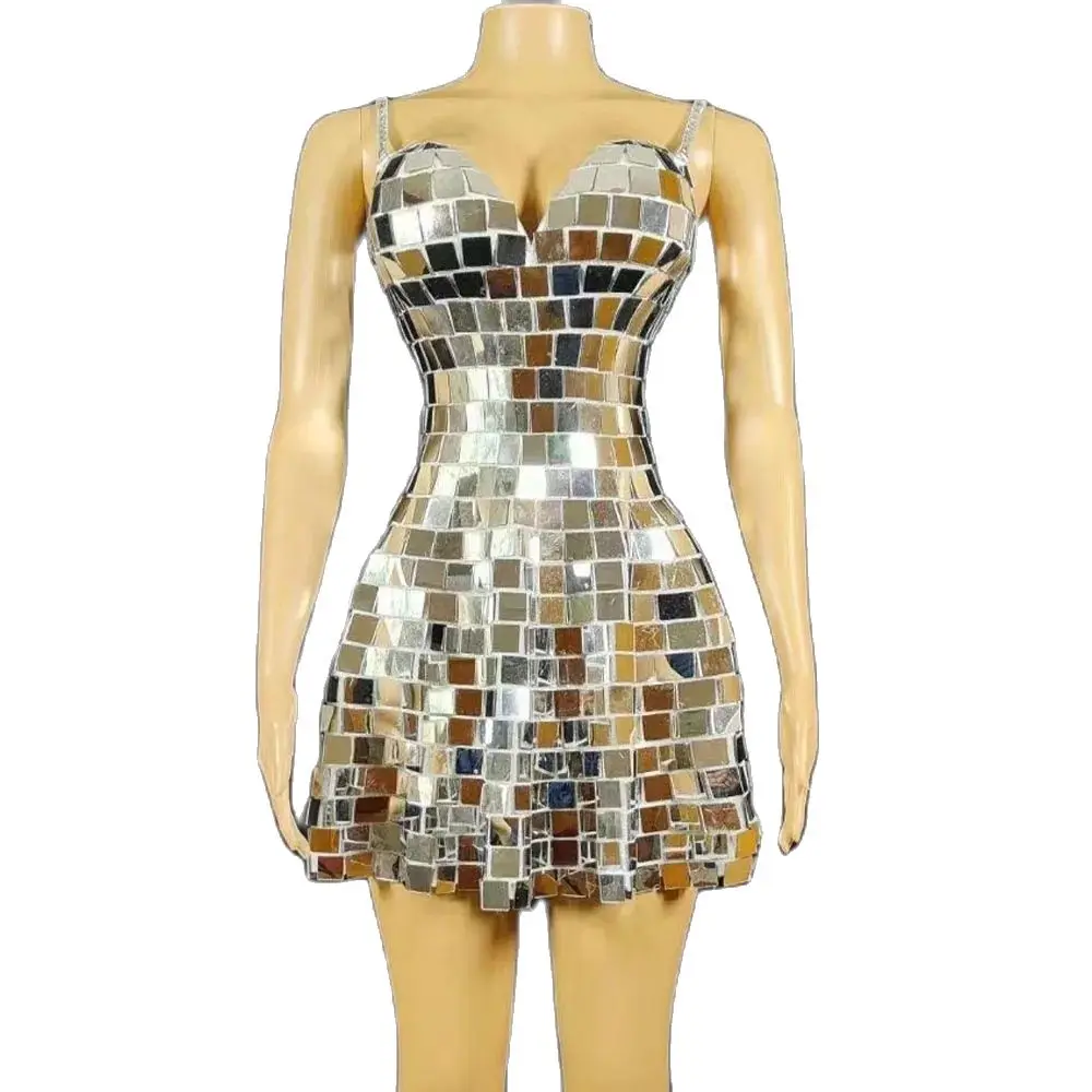 Modern Singer Outfit Silver Mirrors Sleeveless Short Dress Evening Birthday Celebrate Outfit Party Sexy Costume