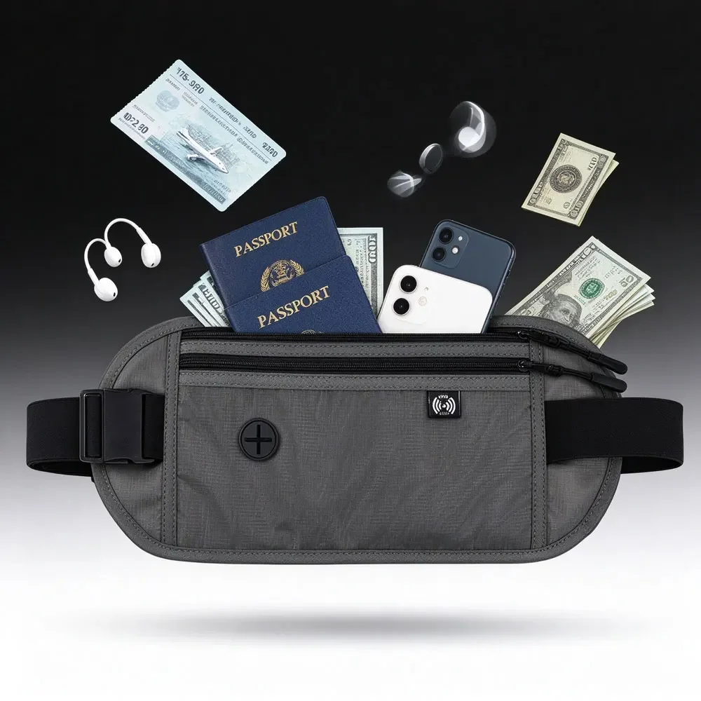 Hidden Waist Wallet Travel Pouch, RFID Blocking Anti-Scan Protection, Metal Zipper & Key Hook,Concealed Belt 6.7 Inch Smartphone