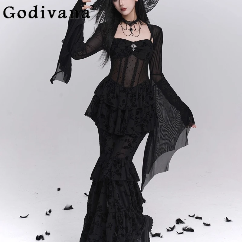 

Sexy Halloween Outfit Costume for Women Gothic Style Unique Lolita Set Female Beautiful Mermaid Dress and Black Coat Suits