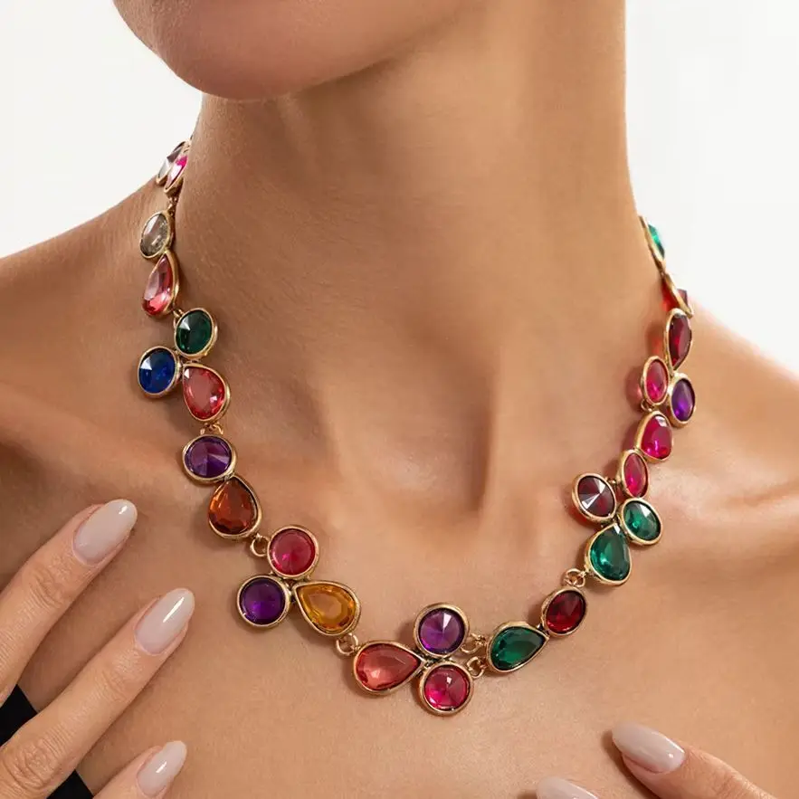 SHIXIN Vintage Exquisite Colorful Glass Rhinestone Crystal Choker Necklace Women Teardrop Clavicle Chain Jewelry Neck Accessorie