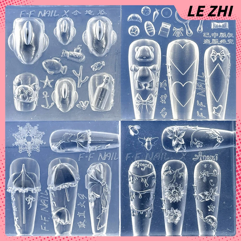 

1Pc Lovely Animals Shark Bear Snake Dragon Butterfly 3D Acrylic Nail Mold Umbrella Flowers Bowknot Silicone Nail Art Mold Gift