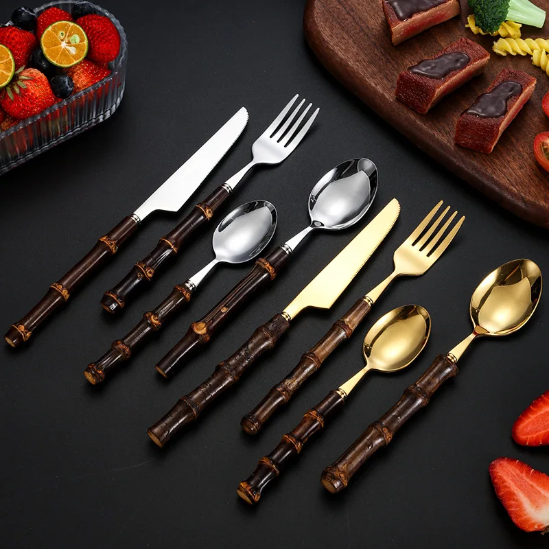 Black Nature Bamboo Dinnerware Sets Stainless Steel Upscale Cutlery Fork Spoon Home Kitchen Tableware Gold and Silver