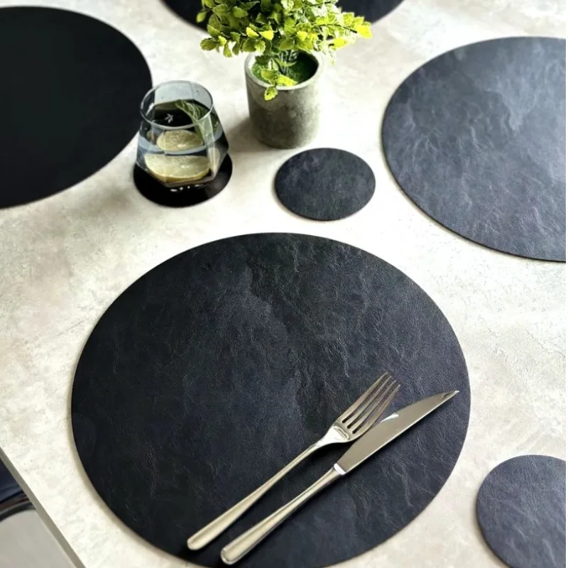 1/4/6Sets Vintage Round Placemats and Coasters Dining Room Kitchen Decor Cowhide Gift Table Mats Coasters Coffee Mats Home Decor