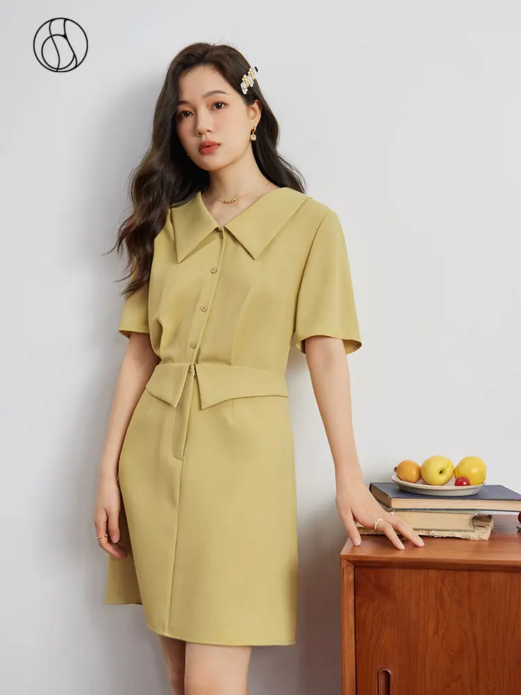 DUSHU Temperament Commuting Simple Waist Thin Dress for Women Summer New Length Optional Solid Color A-Line Office Lady Dress