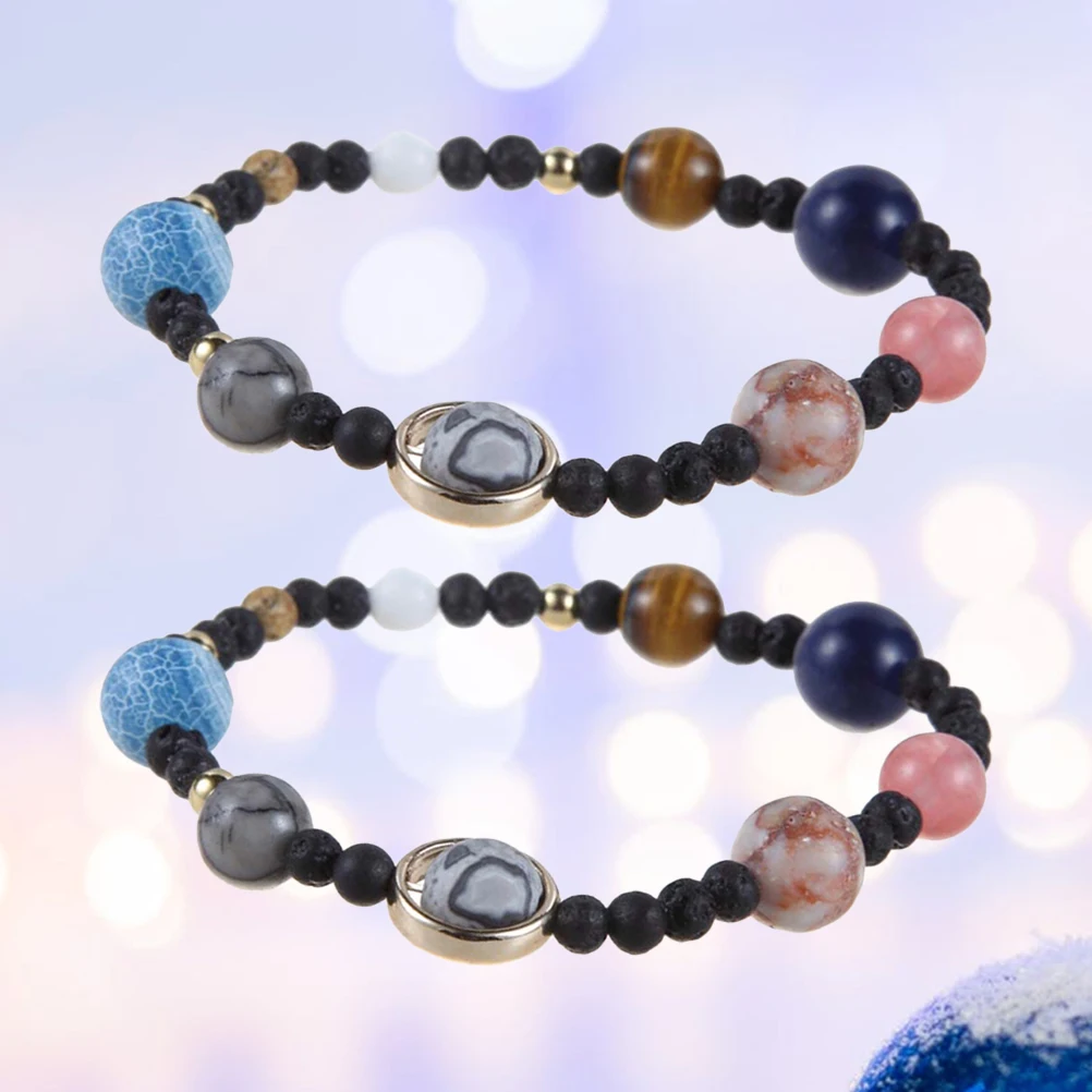 

2Pcs Unique Planets Bangle Natural Stone Bracelet Universe Design Beads Ethnic Style Unisex Wedding Anniversary Present