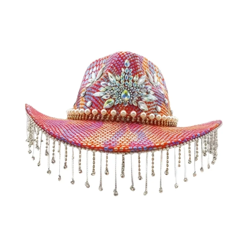 หมวกฮองหลวนประดับกลิตเตอร์สำหรับผู้ใหญ่และหมวกคาวบอยประดับคริสตัลสำหรับผู้หญิง, อุปกรณ์เสริมคอสเพลย์คาวบอยหญิงและหมวกคาวเกิร์ล