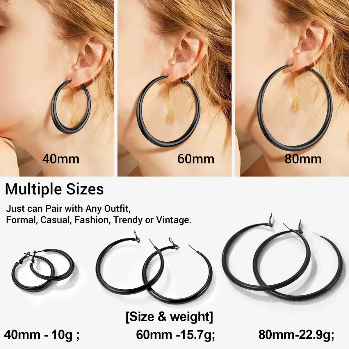 U7 Stainless Steel Hollow Inside 40/60/80mm Round Hoop Earrings for Woman Light Weight 5mm Wide Chunky Hyperbold Daily Jewelry