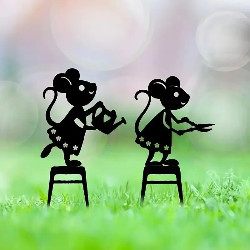 2D Flat Metal Mouse Garden Stakes Cute Gardener Silhouette Ground Insert Flower Pot Yard Decor Ornament