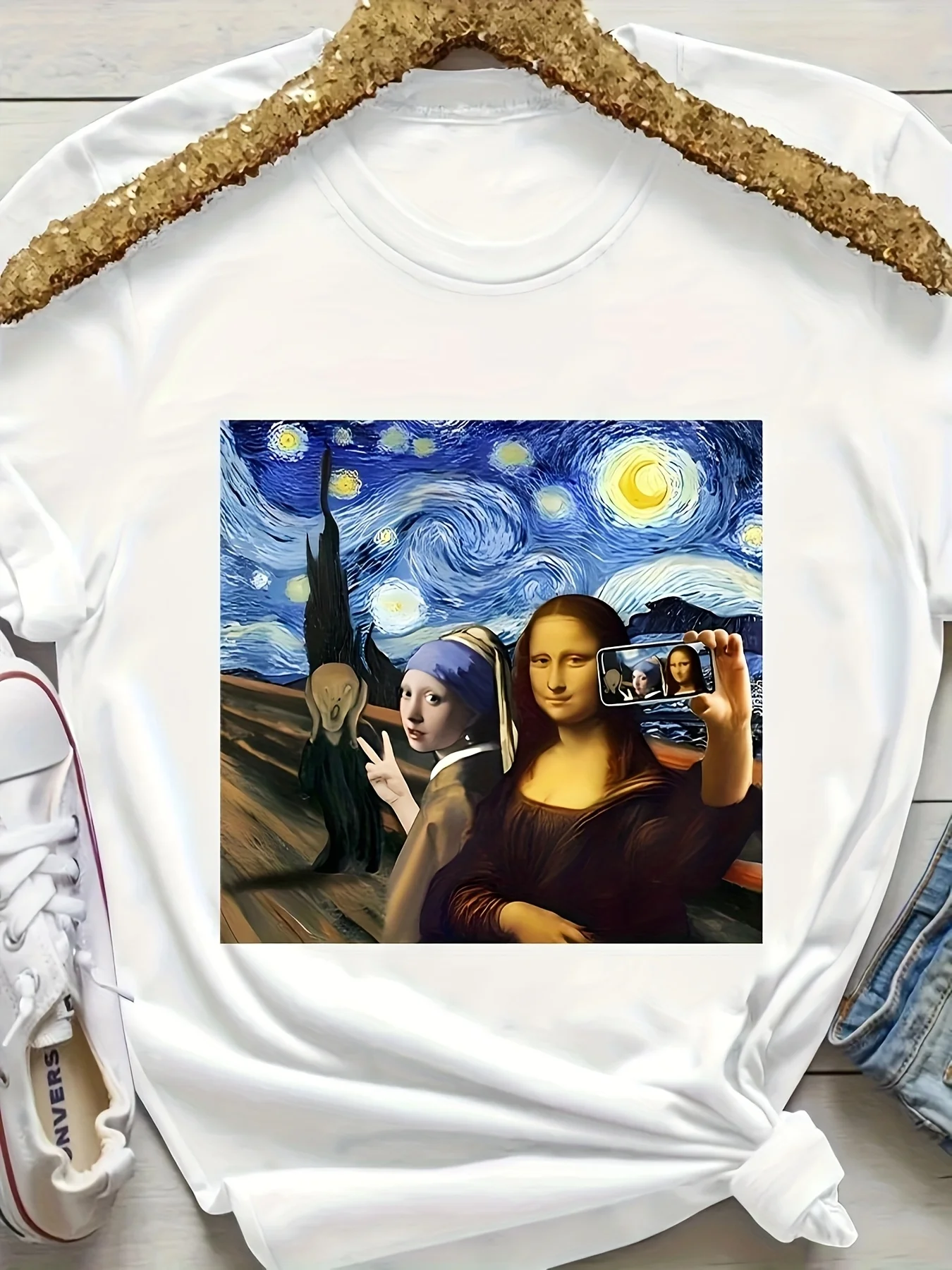 Women's Vintage Van Gogh Starry Night & Mona Lisa Selfie Graphic T-Shirt - Purple Crew Neck Casual Tee vintage clothes