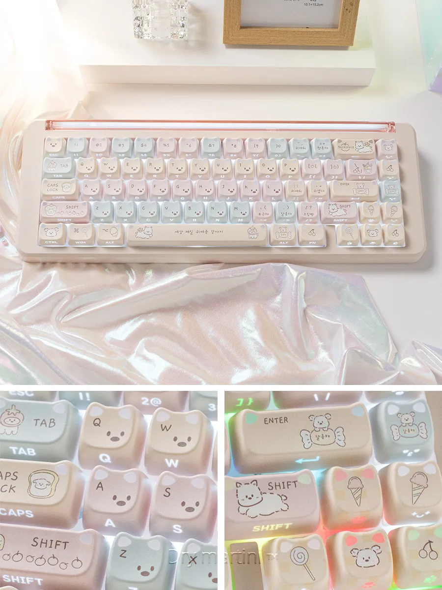 113 Keys Cute Transparent Cat's Ears Keys Cap Cute Keycaps PBT MAO Profile for ANSI Mechanical Keyboard Made68 Mad68 Wooting 60