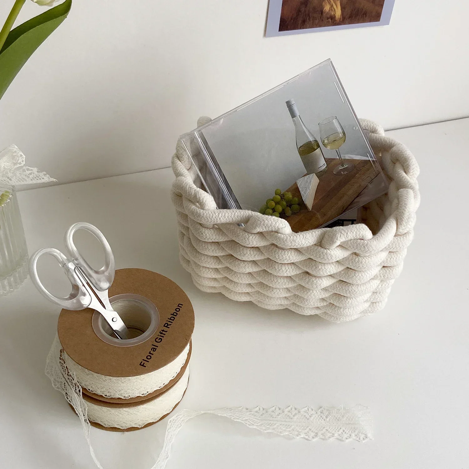 Nordic Cotton Rope Woven Small Storage Basket Rectangle Cotton Rope Storage Desktop Sundries Make Up Organizer Home Decor