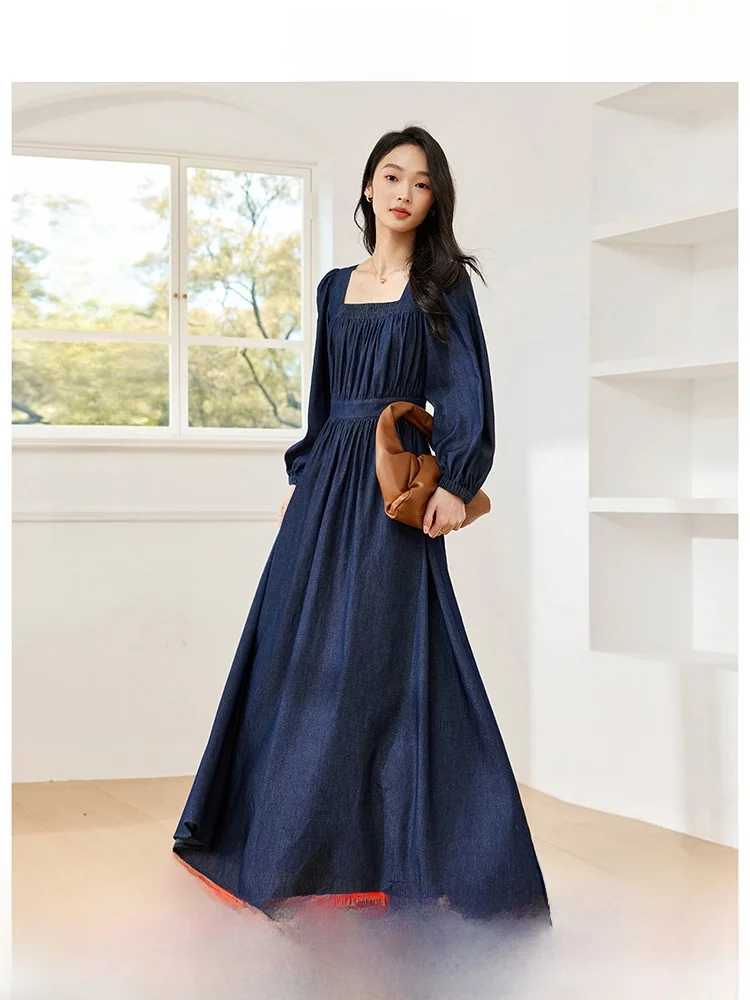 

Slimming A-Line Long Denim Dr Women's Autumn New Sle Casual Dstring Waist l Waist Cotton Polyester Blend