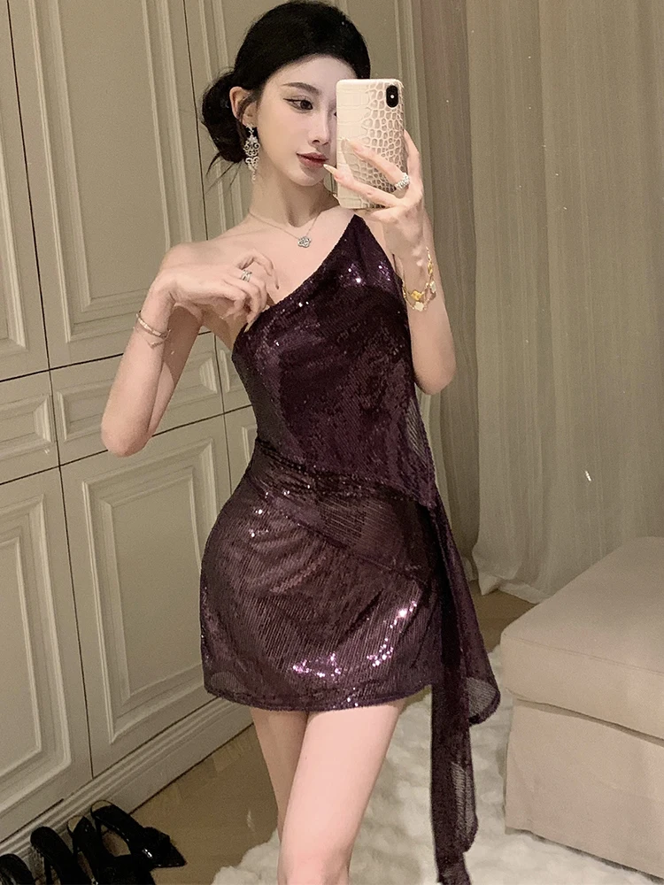 2025 Purple Sequins Chic Diagonal Collar Sexy Dress Summer Korean Elegant Bodycon Kawaii Dress Women Fashion Festival Prom Dress
