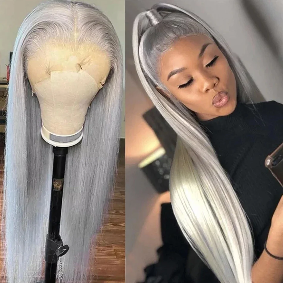 

Silver Grey Straight Lace Front Wig 100% Human Hair 613 Colored HD Transparent Lace Frontal Wigs For Women Bleached Pre Plucked