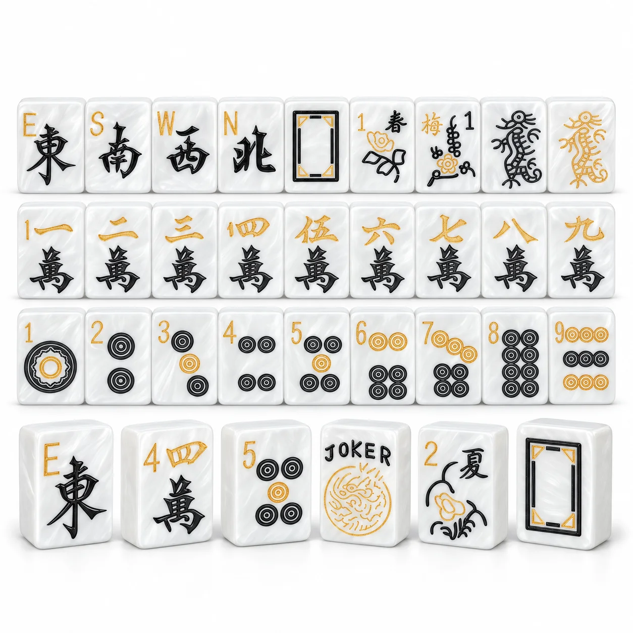 Pearl Texture Acrylic American Mahjong 160 Tiles 34*24*11mm Double Sided Laser Engraved Gold Black Mahjong Set
