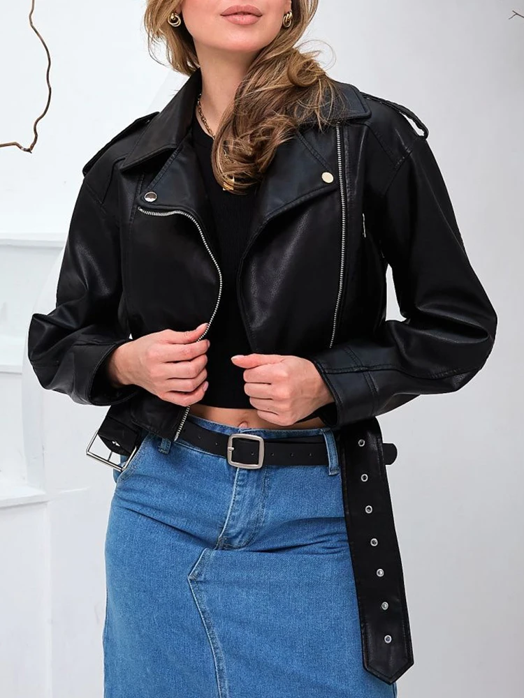 Ailegogo Spring Autumn Women Loose Short Pu Faux Leather Jacket Streetwear Female Zipper Belt Coat Moto Biker Outwear Tops