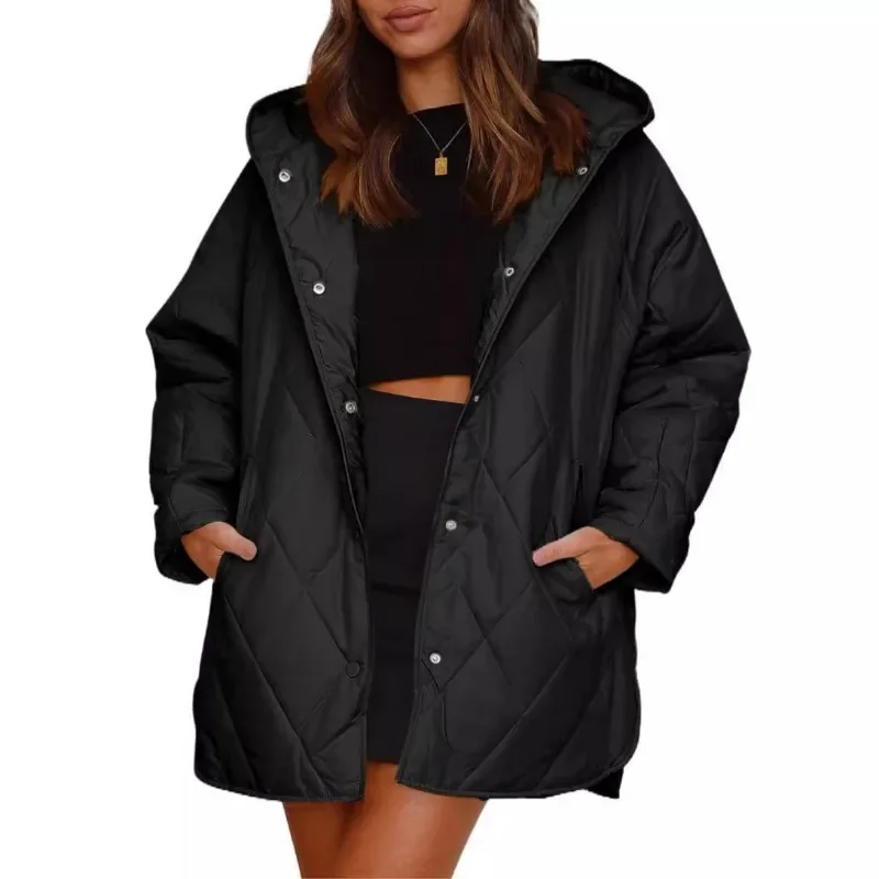 Fashion 2025 Winter Quilted Coat For Women Casual Hooded Lightweight Thicken Warm Jackets Button Down Oversized Women'S Coat