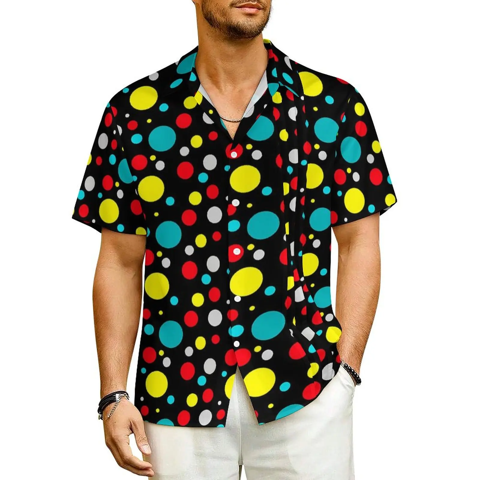 Summer Shirt Beach Abstract Ball Blouses Colorful Dots Print Loose Casual Shirts Mens Short Sleeve Fashion Oversized Clothing