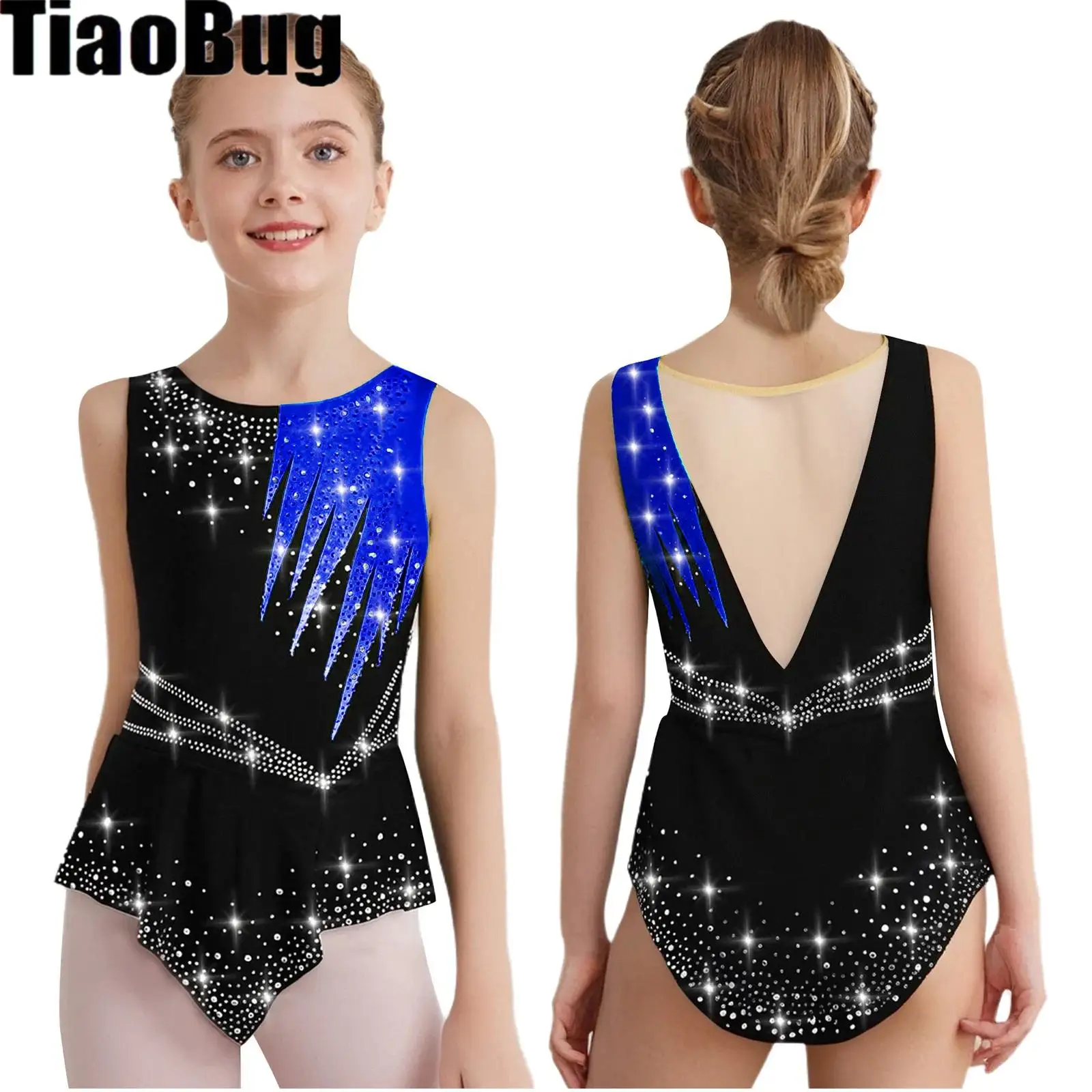

Kids Girls Dance Leotard Rhythmic Gymnastics Sleeveless Shiny Rhinestones Contrast Color Bodysuit Competition Performance