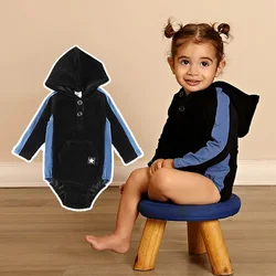 Baby romper black corduroy side denim panel long sleeves baby boy and girls clothes cangroo pocket baby overalls hoodie clothing