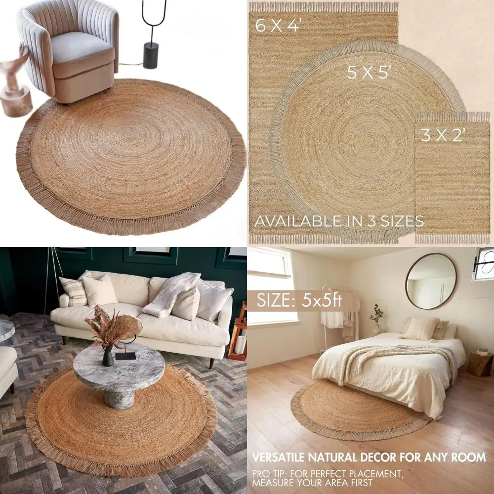 

Elegant 5x5 ft Round Jute Rug: Perfect for Entry, Kitchen, Living Room - Enhances Bohemian Style