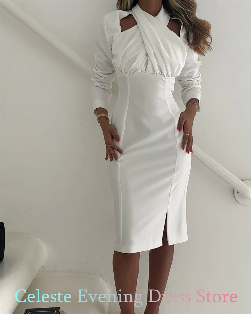 Customized Mermaid Simple White Jersey Evening Dress Elegant Halter Long Sleeves Homecoming Dresses Fashion Vestido De Festa