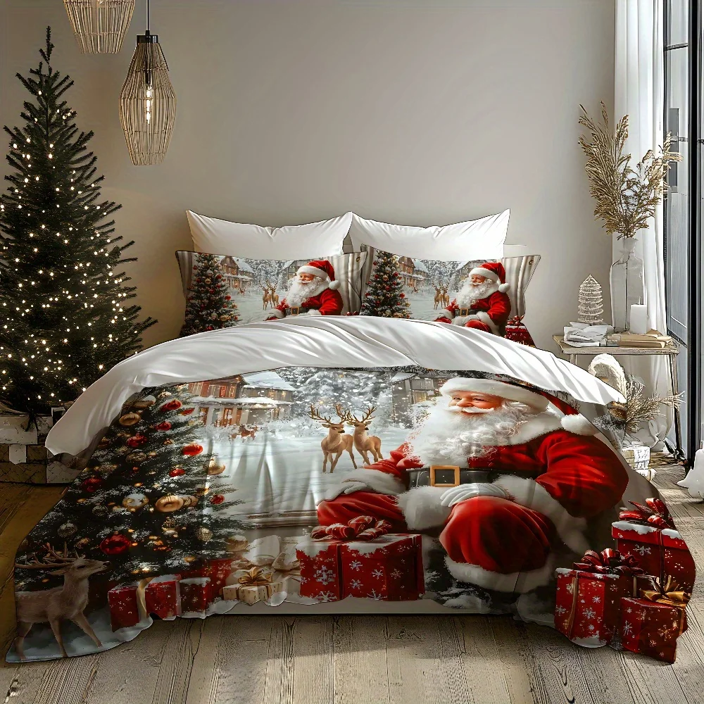 

Christmas Santa Claus Sleigh Reindeer Christmas Tree Santa Claus Snow Cabin Pattern Soft Brushed Printing Quilt Cover Bedding