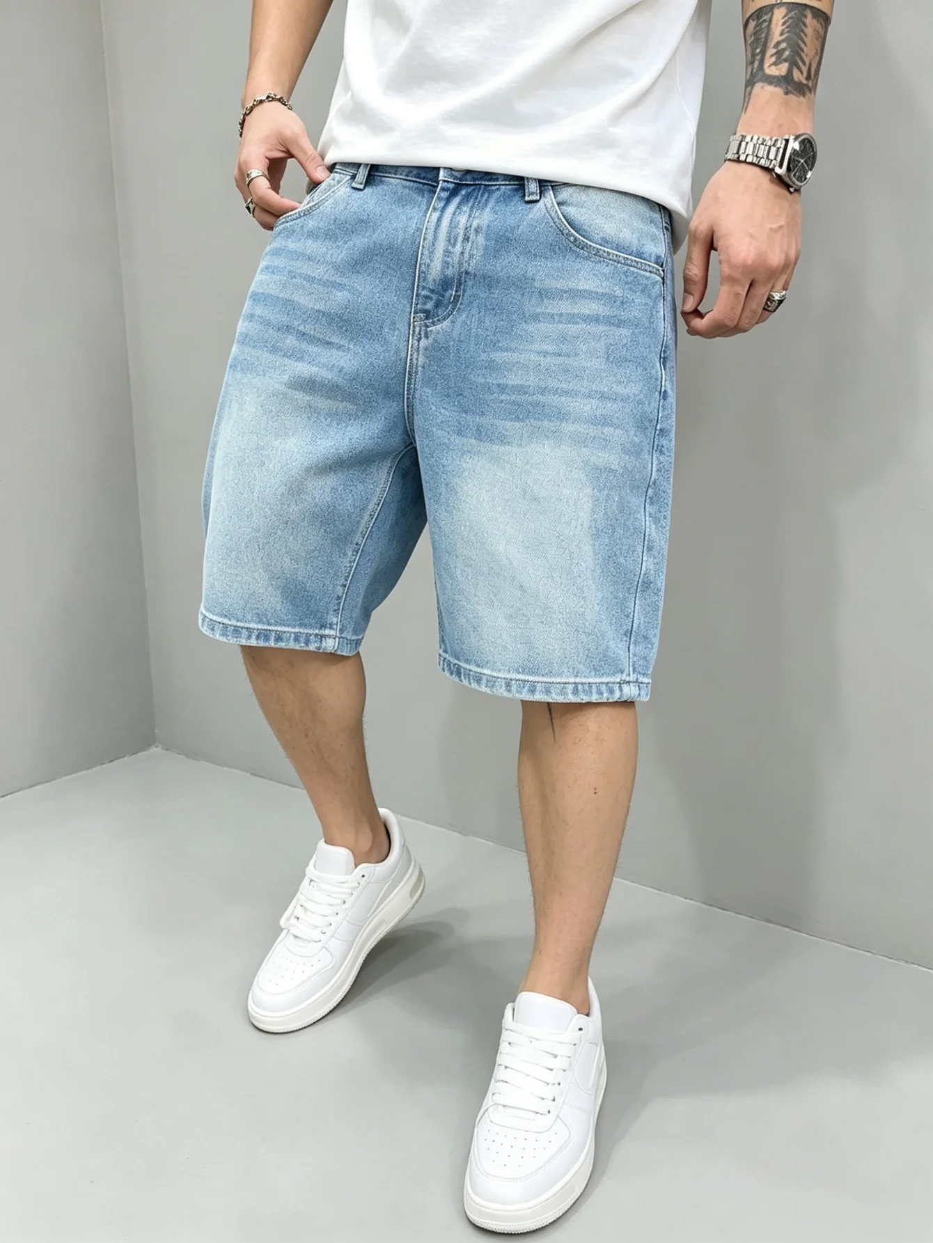 

Comfort loose blue non stretch jorts solid color durable cloth street vacation casual daily bottom wearing style