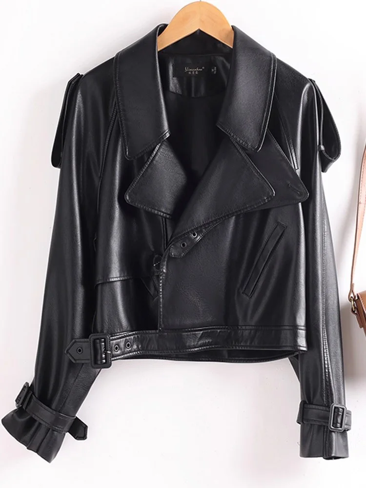 New Women Split Leather Moto Biker Jacket Spring Autumn Fashion Vintage Design Loose Short Coat Casual Leather Outerwear Female