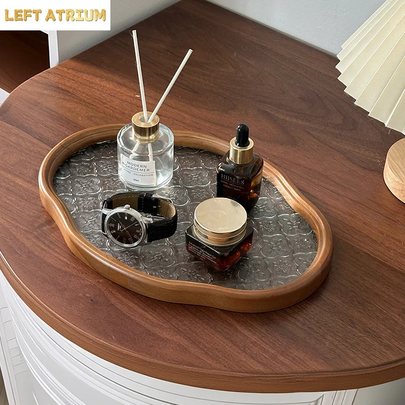 Vintage Wooden Tray with Embossed Glass,Irregular Cloud Shape Decorative Tray,Vanity Tray for Perfume, Jewelry, Cosmetics, Home