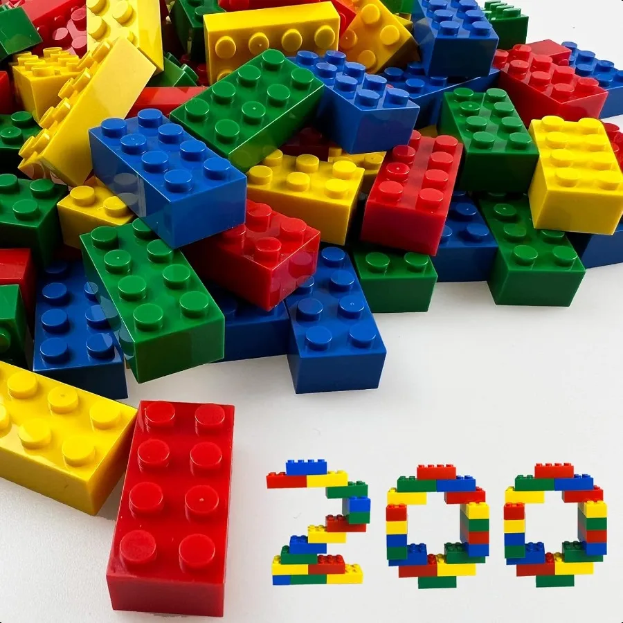 200 peças tijolos de construção clássicos 2x4 tijolos em massa haste brinquedos de construção criativos vermelho amarelo azul verde