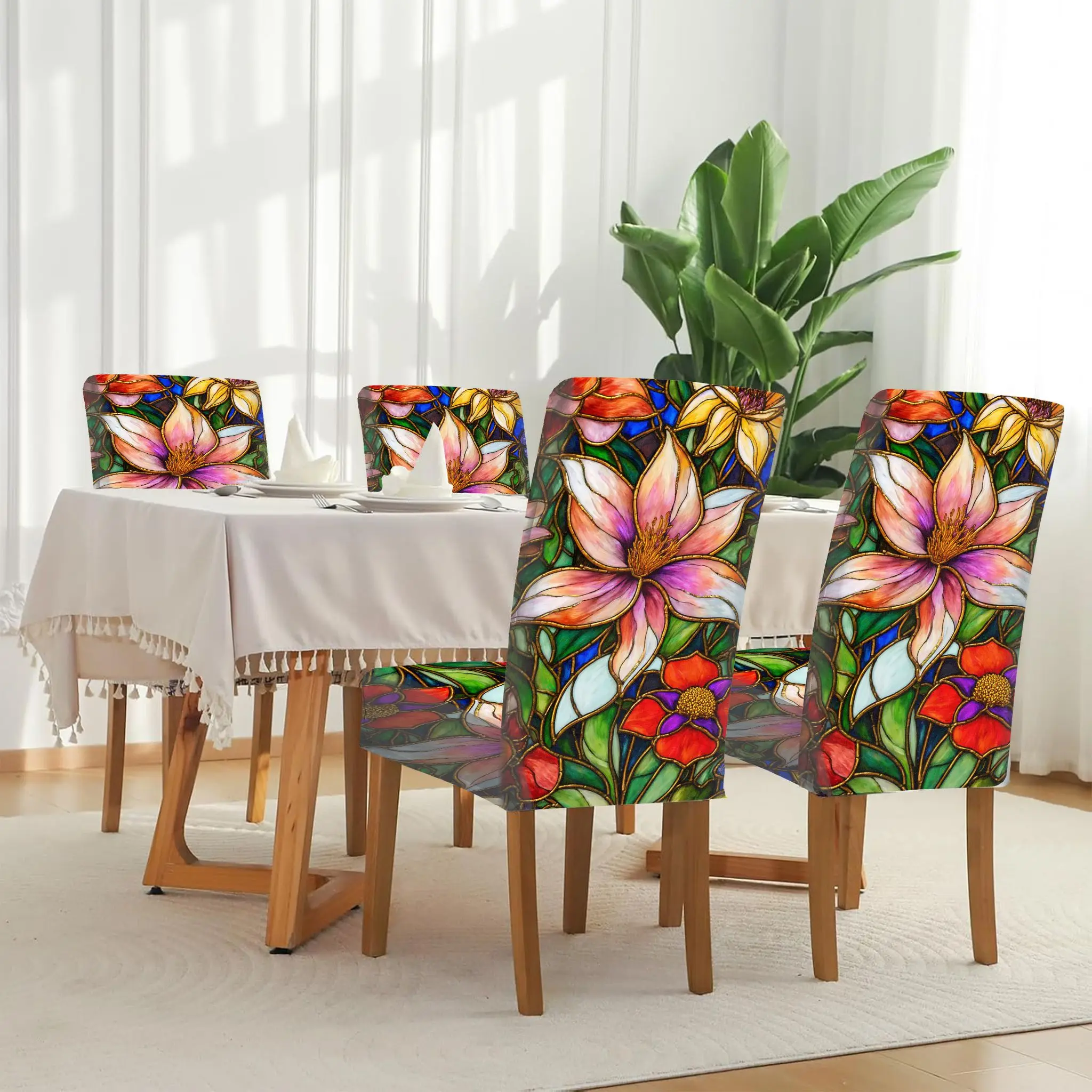 

Эластичный чехол для обеденного стула с ярким цветочным узором, изысканным стеклянным рисунком в стиле ар-деко, съемный, моющийся, для домашнего использования.